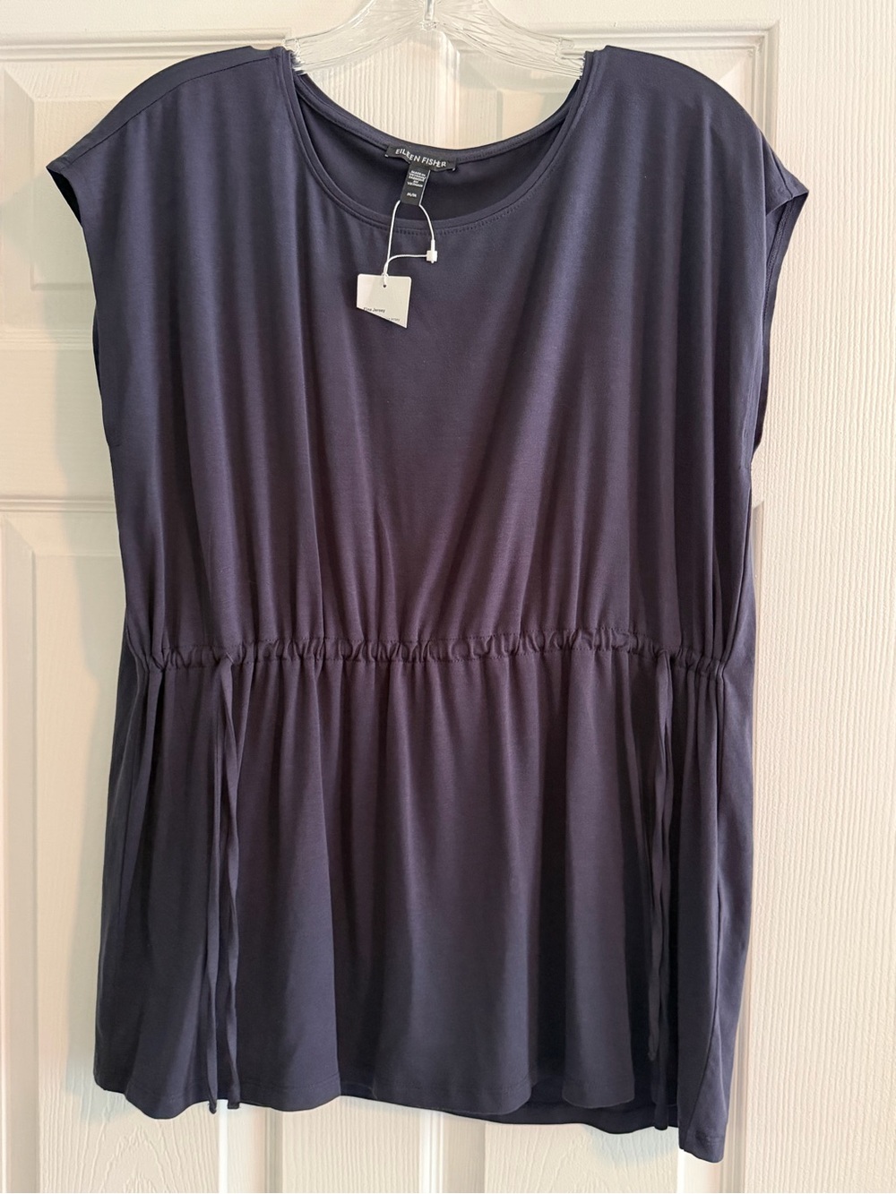 Eileen Fisher Navy Jewel Neck Cap-Sleeve Gathered-Waist Top